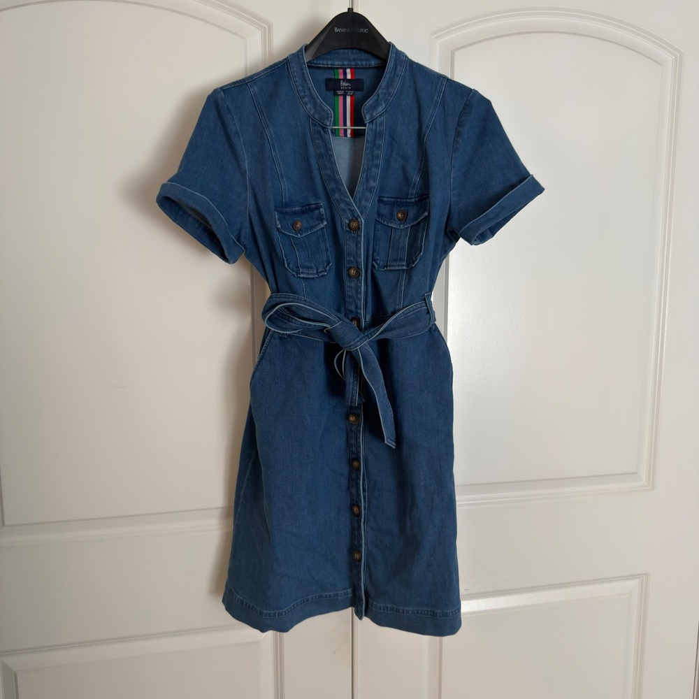 Boden Denim Blue Short Sleeve Button Front Belted Shirt Dress Womens US 8P